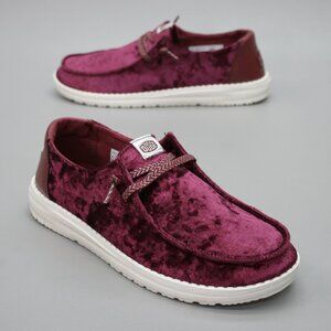 Hey Dude Ladies 9 Wendy Crushed Velvet Burgundy Red Slip-on Flats Sneakers Shoes